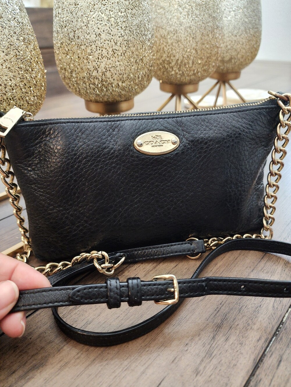 Coach Black Pebbled Leather Crossbody with Gold Chain Strap